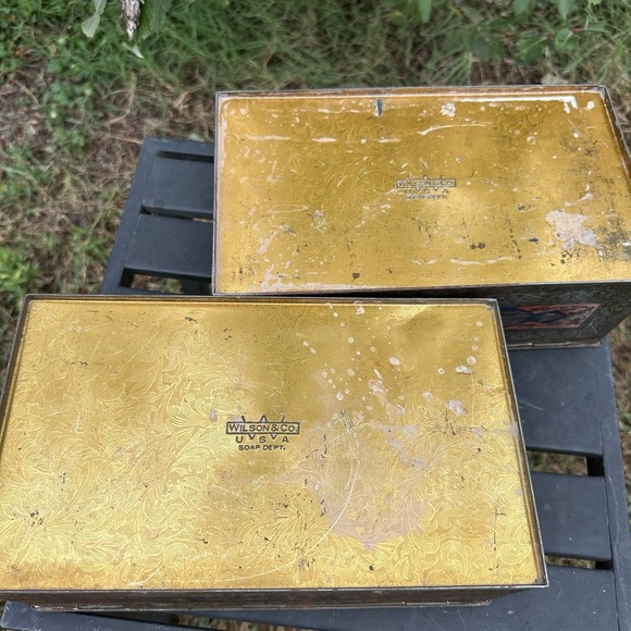 Lot 2 Vintage Wilson & Co USA Soap Dept. Tin Humidor Mosaic Litho Box Hinged Lid - Picture 10 of 14